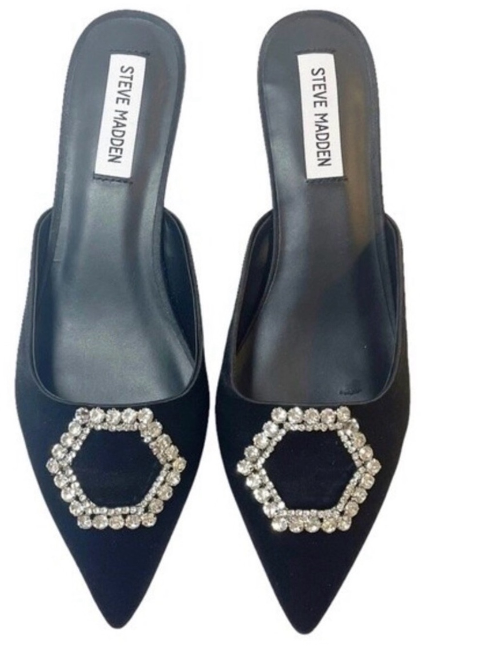 Steve Madden Black Pointed Mules with Crystal Hex Trim